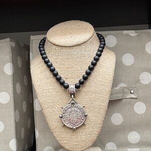 Black Bead Necklace with Silver Medallion